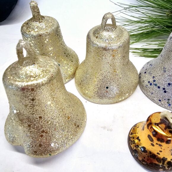 Vintage 6 Hard Plastic Gold Silver Glitter Bell Christmas Tree Ornaments Retro! - Picture 4 of 11